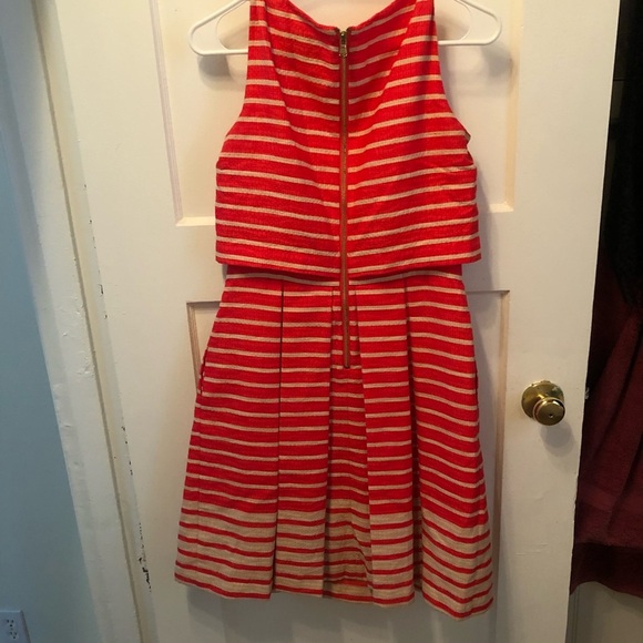 Taylor Dress orange Striped Fit & Flare Waffle Texture 50s Style/ Pockets Size 4 - Picture 2 of 10